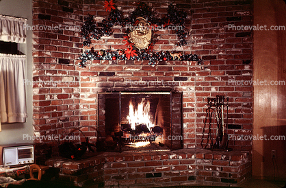 Fireplace, brick, Christmas Decorations, fire, December 1969
