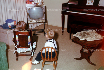 Kids, Watching Television, chairs, piano, newspaper, December 1963, 1960s