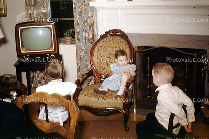 Chairs, Fireplace, Watching Television, 1950s