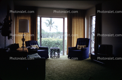 chair, lamp, rug, carpet, lampshade, drapes, curtains, July 1973