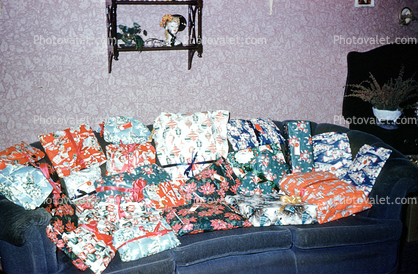 Sofa full of presents, wallpaper, couch, 1940s