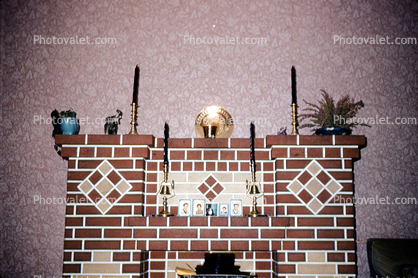 fireplace, brick, mantle, candles