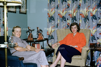 Women Friends Sitting, Drape, smiles, 1940s