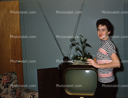 Television, Rabbit Ears, Woman, Female, 1950s