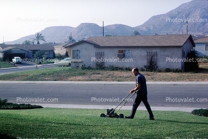Power Mower, Mowing the Lawn, home, house, frontyard, Riverside, 1960s