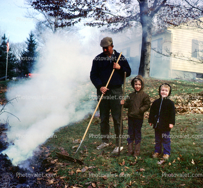 Autumn Leaves, backyard fire, smoke, raking leaves, cold, autumn, 1950s