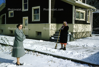 Women, Snow Sweep, driveway, home, house, 1950s
