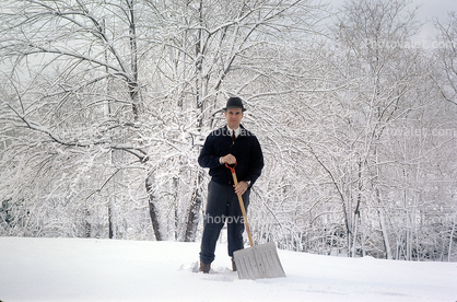 Man Snow Shovel, clearing snow, 1950s