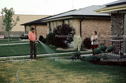 Watering the Front Lawn, homes, houses, 1970s