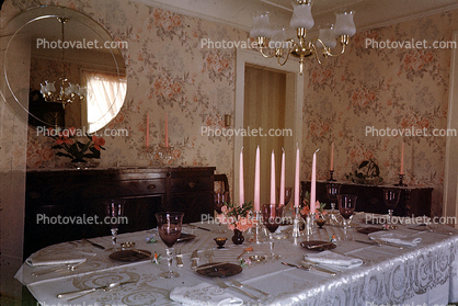 table, dining room, candles, silverware, napkins, wallpaper, 1950s