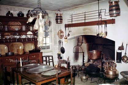 Colonial Fireplace, table, kitchen utensils, oven