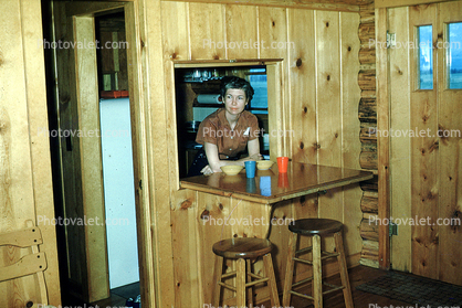 1950s housewife, Bar Stool, Wooden Walls, 1950s