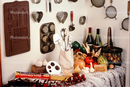 Kitchen Wall, Utensils, Wine Bottles, Pumpkins, Egg Basket