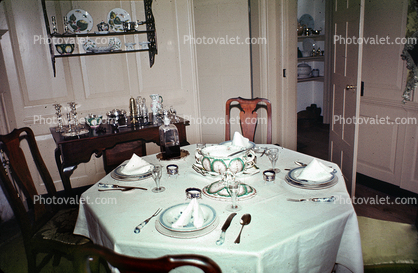 Dining Room Table, Plate Settings, silverware, tablecloth, September 1974, 1970s