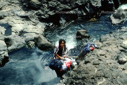 Girl Washing Clothes, Stream, Rocks, Falefa River, Samoa