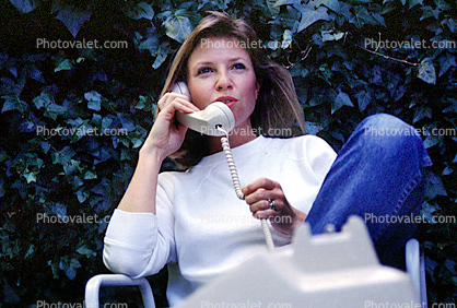 Woman, Talking, Phone, Backyard