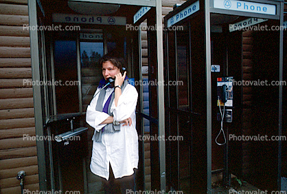 Woman, Talking, Public Phone, Booth