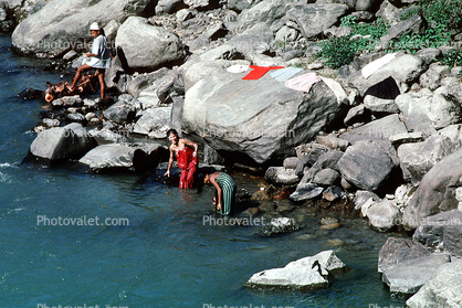 River, Boulders, Washing, bathing, Boulders, Nepal