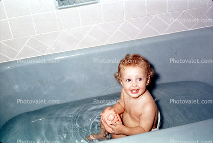 Bathtub, Washing, Water, Cute, Sitting, Tub, 1950s