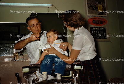 Little Boys First Haircut, Barber, Mother, Son, 1950s