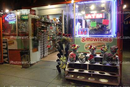 Sandwiches, flowers, market, store, neon lights