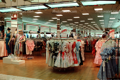 Dresses, display, lights, Shopping Mall, womens clothing store, racks, interior, inside, indoors