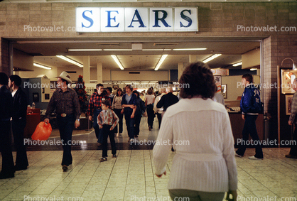 shoppers, mall, interior, Sears, building, store, Shopping Center, signage, inside, indoors, 1980s