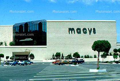 Parking Lot, Cars, Trees, Macys, mall, building, store, Shopping Center, signage, Automobiles, Vehicles, 1980s