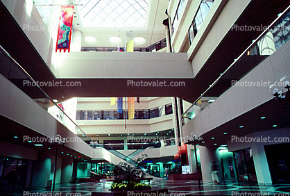 Shopping Mall, interior, inside, escalator, 1980s