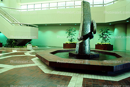 Shopping Mall, Center, interior, inside, stairs, Water Fountain, aquatics, tile floor, 1980s