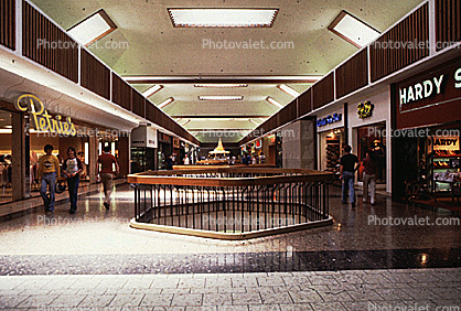 Shopping Mall, interior, inside, indoors, shoppers, Petrie's, vanishing point, Sunvalley Mall, 1980s