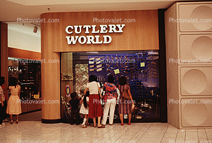 Cutlery World store, interior, inside, indoors, shoppers, window display, 1980s