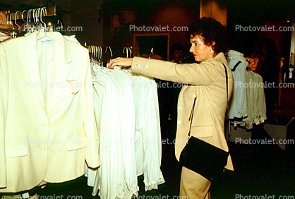 Woman Shopping store, clothing store, woman, racks, purse, 1980s