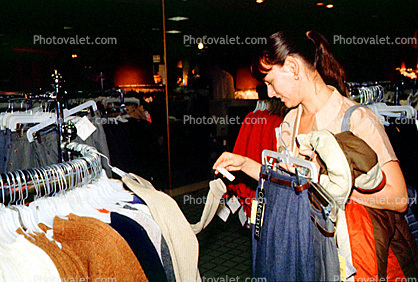 Lady Shopping, Mall, interior, inside, indoors, shoppers, clothing store, woman, racks, 1980s