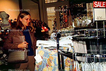 Woman Shopping, Mall, clothing store, racks, 1980s