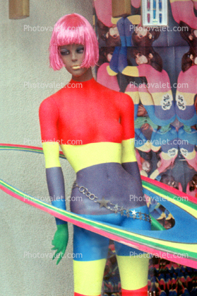 Rainbow Saturn Woman, wig, window display, Tokyo, February 1970, 1970s