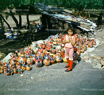 Girl, Ornate Pots, Roadside Vendor, entrepanuer, 1960s