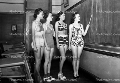 swimsuites, bikini, 1940s, classroom