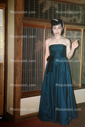 Geisha Girl Smoking, Cigarette, Long Dress, Japanese Brothel, Sasebo Saga Japan, 1950s
