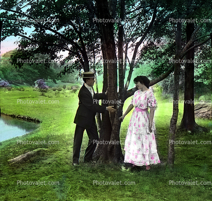 Woman, Man, Suitor, Dress, Hat, Tree, Lawn, Garden, 1950s