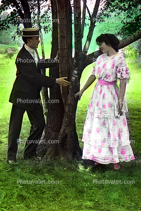 Woman, Man, Suitor, Dress, Hat, Tree, Lawn, Garden, Flowery, 1950s