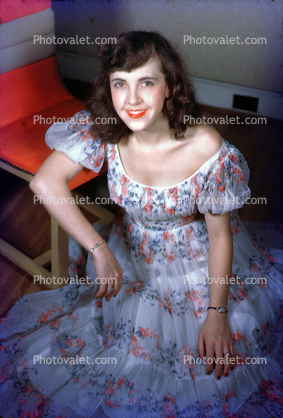 Woman, Smiles, Flowery Dress, Arms, 1950s