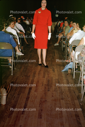 Woman in a Red Dress, gloves, Fashion Show, 1950s