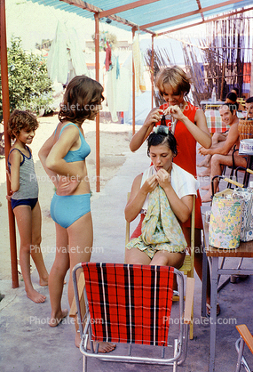 Hair rollers, curlers, outdoors, backyard, Hairdo, Hairdo time, 1960s