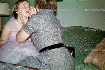Putting on Eyeliner, girl, mom, 1950s