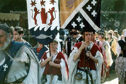 Procession, costumes, flags, men, Renaissance Faire, Septermber 27 1992
