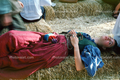 Tired Woman, Wench, costume, hay bale, Renaissance Faire, Septermber 27 1992