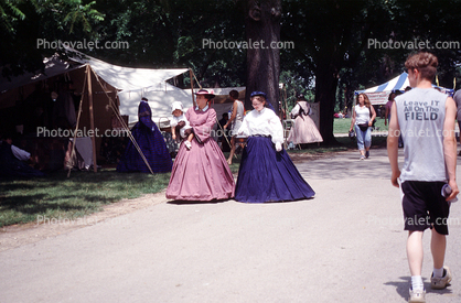 Women walking, full length dress, costume, Civil War re-enactment