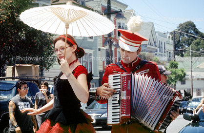 Accordion, mime, umbrella, woman, man, hat, Haight Street Fair