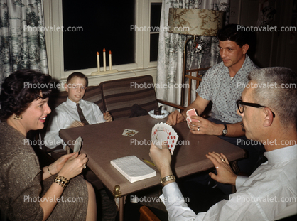 Family playing cards, card table, boy, 1950s